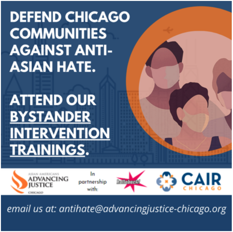 Blue and orange event flyer encouraging viewers to defend Chicago communities against anti-Asian hate with sponsor logos shown at bottom on flyer.