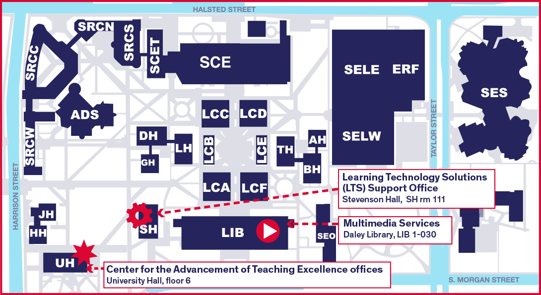 Map of UIC campus with CATE locations highlighted