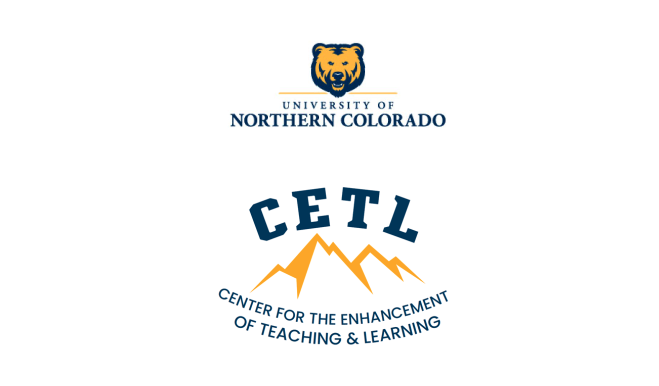 University of Northern Colorado logo of Klawz the Bear in yellow with navy blue outline, which is the schools mascot, and CETL in large bolder letters below and an outline of a mountain in yellow with Center for the Enhancement of Teaching and Learning in navy blue writing underneath