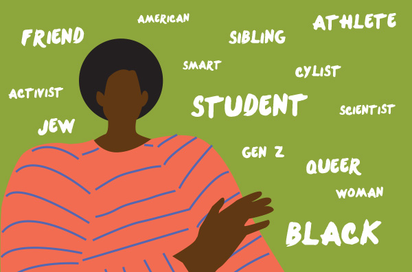 An androgynous figure is surrounded by words representing their social identity, including: student, black, friend, athlete, sibling, queer, woman, jew, cyclist, scientist, gen z, smart, American, and activist.