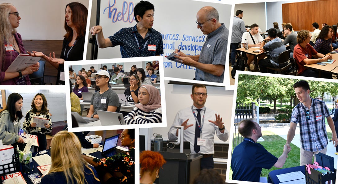 Scenes of CATE staff interacting with faculty and graduate Tasks — training and giving one-on-one consultations