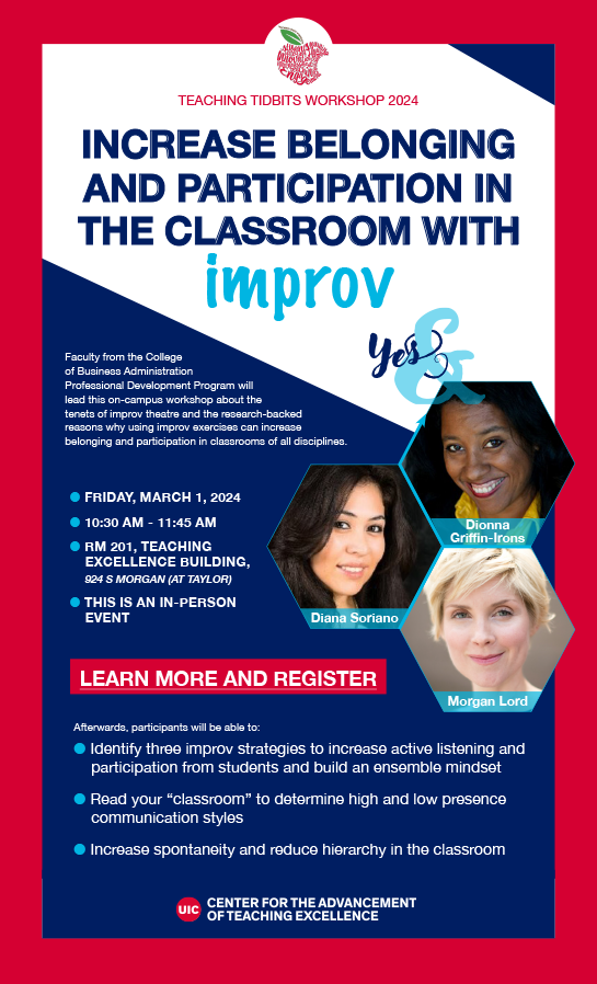 flyer for increase belonging and participation in the classroom with improv teaching tidbits workshop