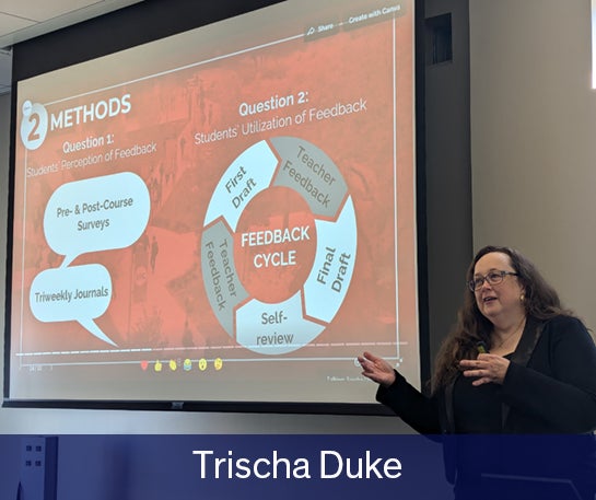 Trischa Duke lectures using a large presentation screen illustrating a feedback cycle.